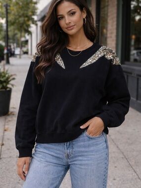Black Sweatshirt with Metallic Sequin Shoulder Detail